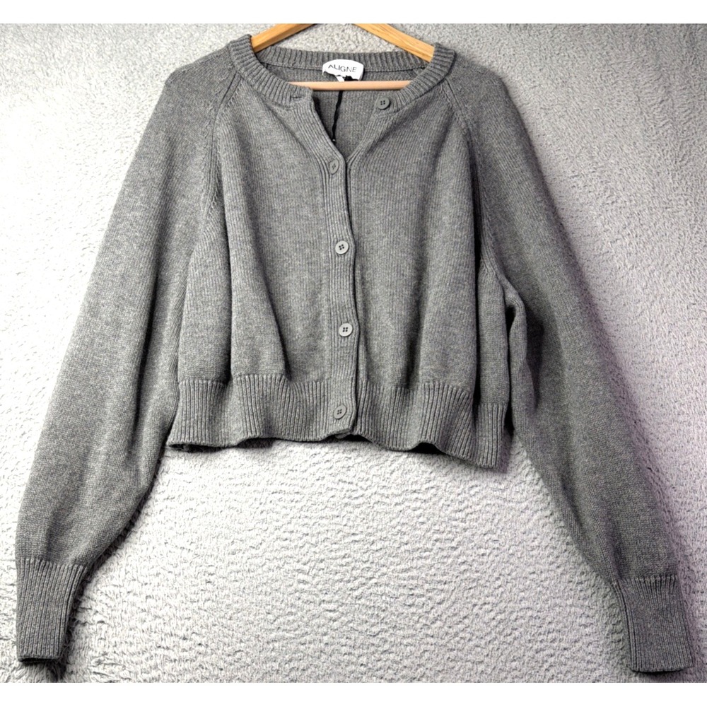 Aligne Sweater Womens Size Large Gray Crop Button Up 55% Merino Wool Blend
